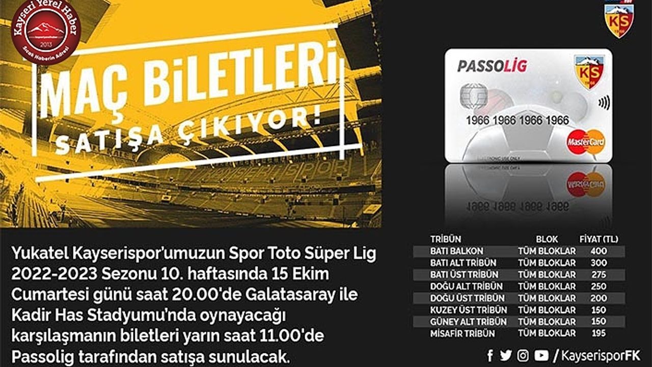 Kayserispor - Galatasaray Maçı Biletleri Satışa Çıktı