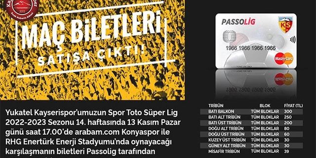 Kayserispor - Konyaspor Maçı Biletleri Satışa Çıktı
