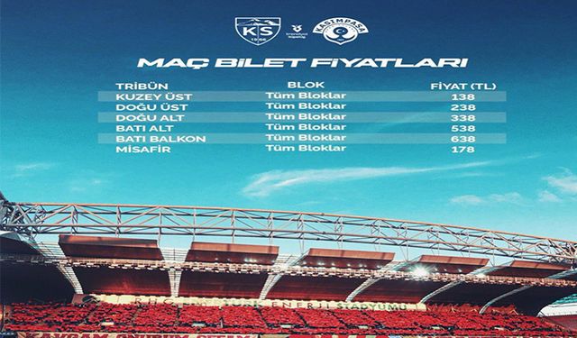 Kayserispor – Kasımpaşa maç biletleri satışa çıktı