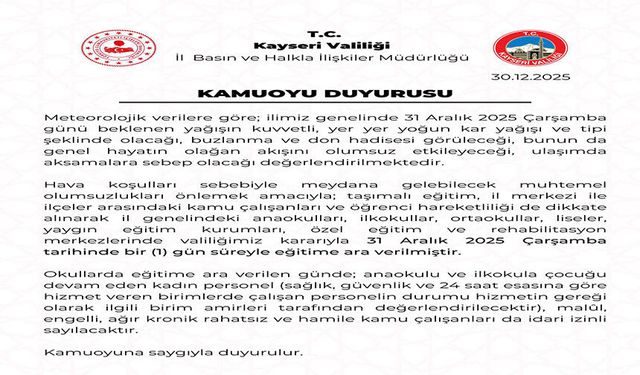 Kayseri’de okullar 1 gün tatil edildi