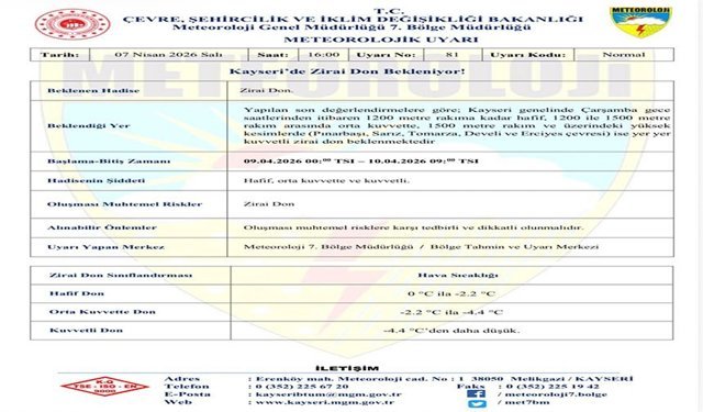 Kayseri’de zirai don uyarısı