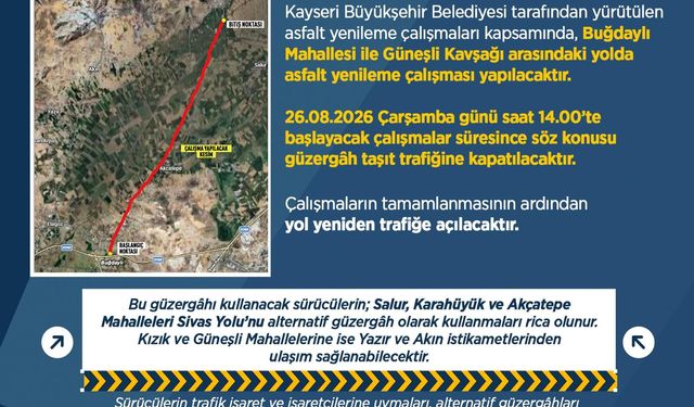 Buğdaylı-Güneşli Yolunda Asfalt Çalışması: Güzergah Trafiğe Kapatılacak