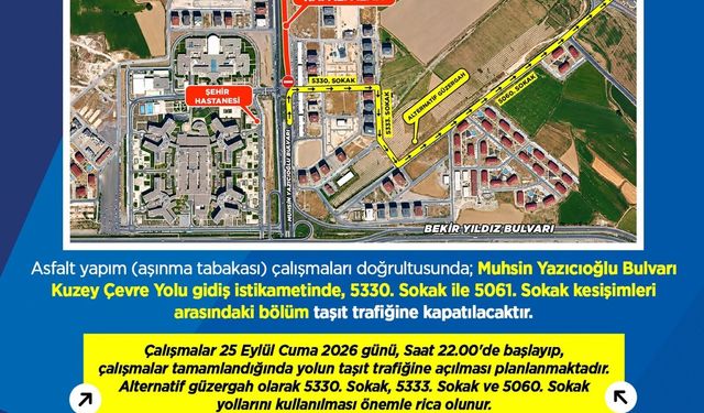 Muhsin Yazıcıoğlu Bulvarı’nda Ulaşım Geçici Olarak Kapatılıyor