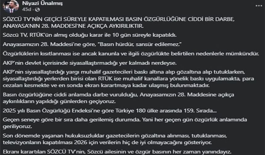 CHP’li Ünalmış'tan Ekran karartma tepkisi