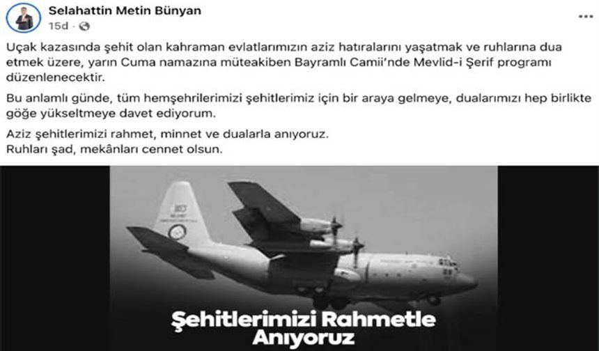 Başkan Metin, “Kahraman evlatlarımızın ruhlarına dua etmek üzere Mevlid-i Şerif programı düzenlenecek”