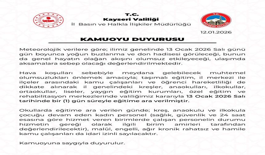 Kayseri’de eğitime 1 gün ara