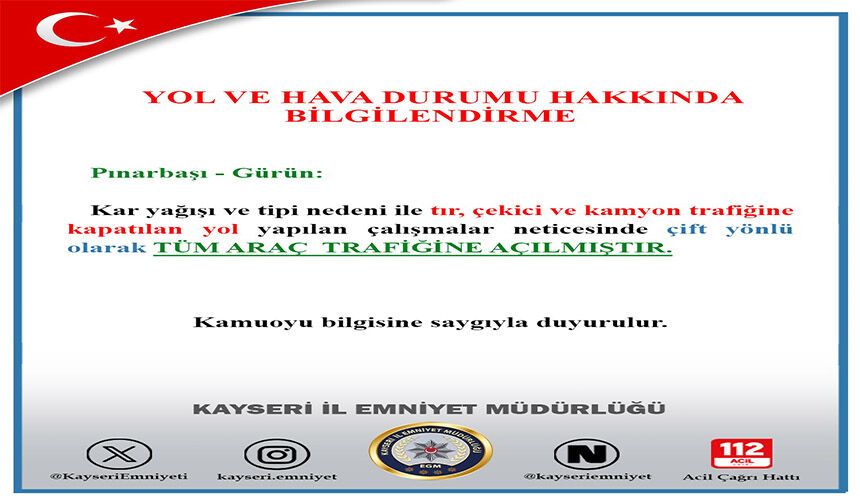 Pınarbaşı - Gürün yolu trafiğe açıldı