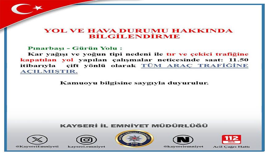 Pınarbaşı - Gürün yolu trafiğe açıldı