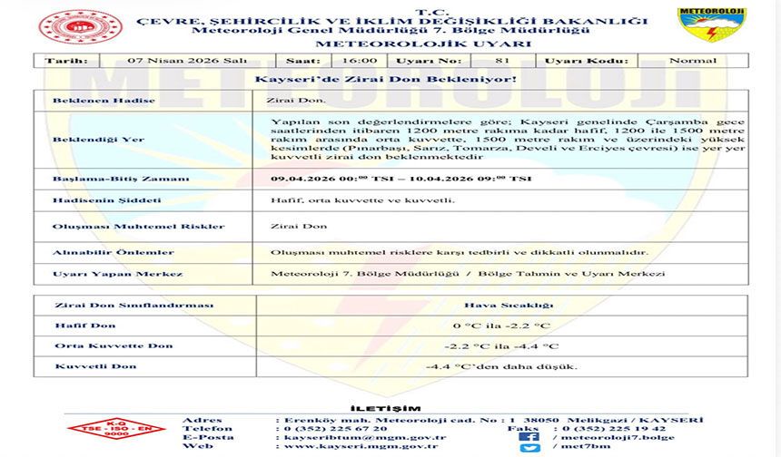 Kayseri’de zirai don uyarısı
