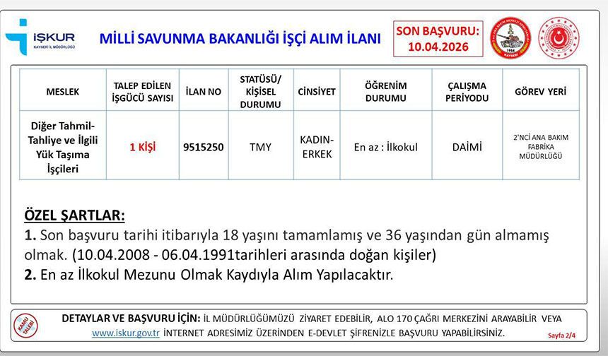 Kayseri 2’nci Ana Bakım Fabrika Müdürlüğü’ne 1 kişilik daimi işçi alınacak